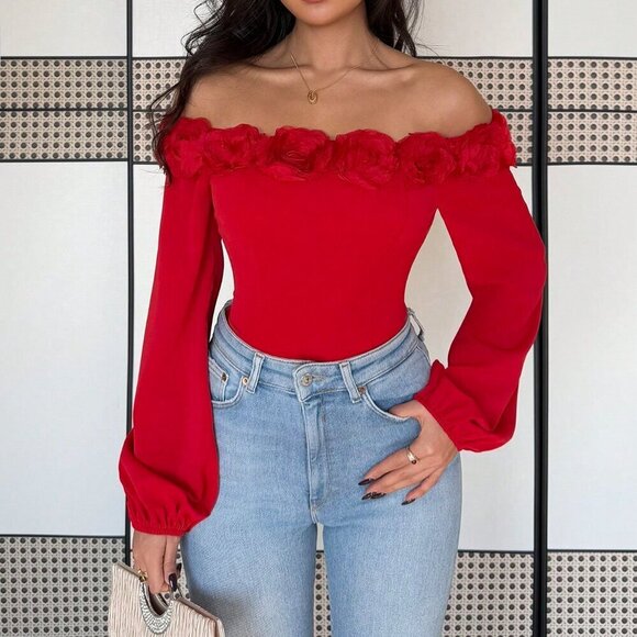 Red Casual Women's Elegant Fitted Off Shoulder Lantern Sleeve Blouse - Picture 3 of 6